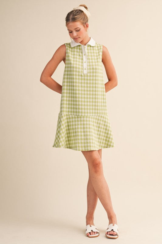 lime green gingham dress Light Green Gingham Performance Seersucker Short Sleeve May Golf Dress