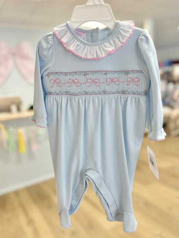 Petit Bebe Knit Light Blue Smocked Bow Footie