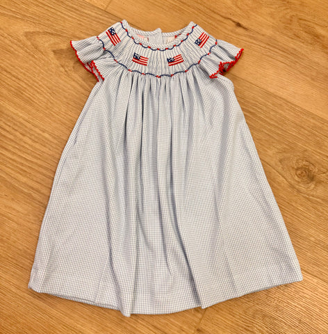 Petit Bebe Pima Blue Gingham Flag Bishop Dress