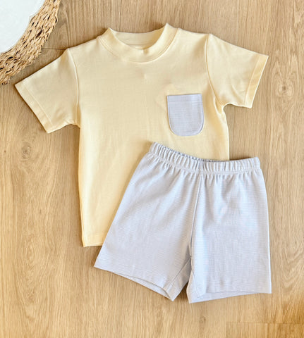 Squiggles by Charlie Pale Yellow/Blue Mini Stripe Pocket Short Set