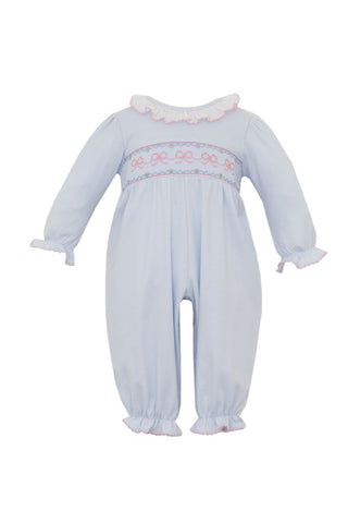 Petit Bebe Knit Light Blue Smocked Bow Romper