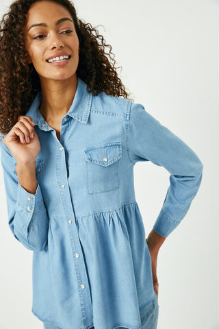 Chambray Button Down Peplum Top