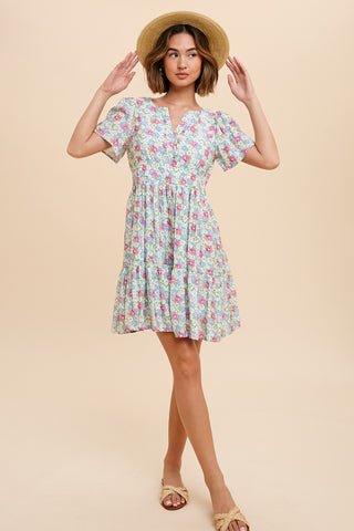 Green & Pink Floral V Neck Dress