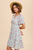 Green & Pink Floral V Neck Dress