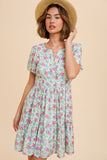 Green & Pink Floral V Neck Dress