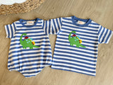 Luigi Kids Dark Chambray Stripe Dino & Cars Tee