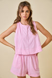Light Pink Sleeveless Contrast Line Stitch Short Set