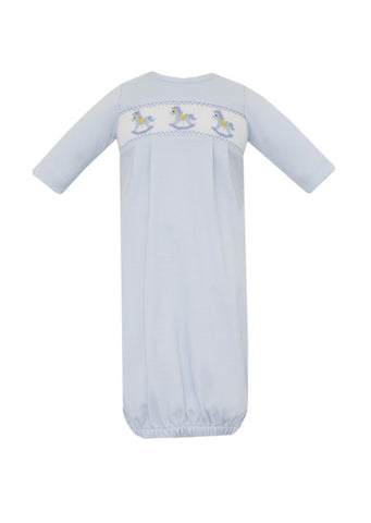 Petit Bebe Knit Light Blue Smocked Rocking Horse Gown