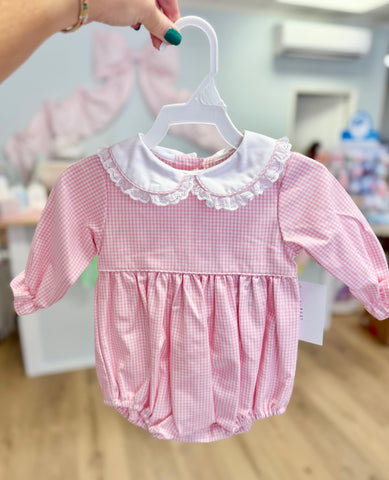 Anvy Kids Pink Check Eyelet Lace Collar Bubble