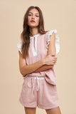 Pink Knit Ruffle Sleeve Short Set