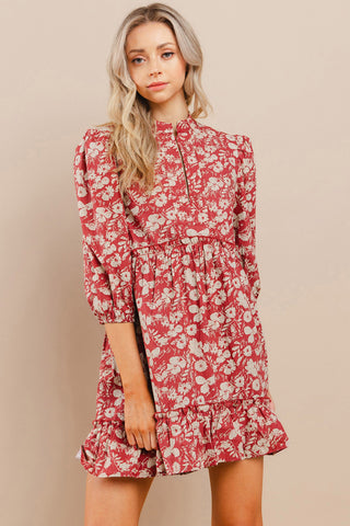 Burgundy Floral Half Sleeve Dress