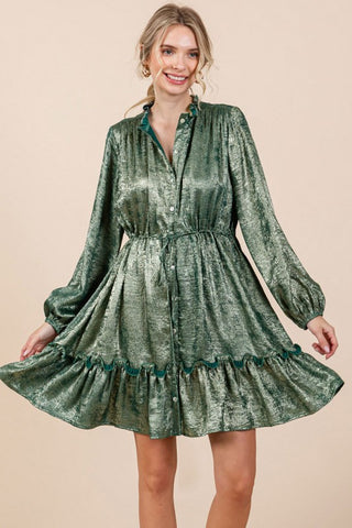 Green Shimmer Button Dress