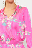 Pink Floral Satin Smocked Waist Dress