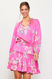 Pink Floral Satin Smocked Waist Dress
