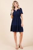 Navy Smocked Waist Butterfly Sleeve Dress