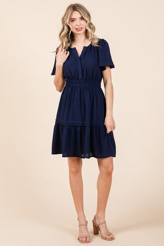 Navy Smocked Waist Butterfly Sleeve Dress