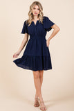 Navy Smocked Waist Butterfly Sleeve Dress