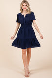 Navy Smocked Waist Butterfly Sleeve Dress