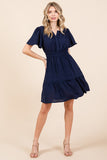 Navy Smocked Waist Butterfly Sleeve Dress