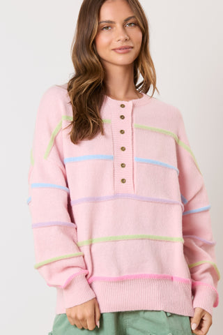 Pink Stripe Stripe Button Sweater