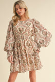 Smocked Waist Ivory Floral Printed Dress