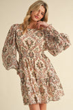 Smocked Waist Ivory Floral Printed Dress