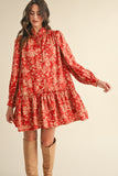 Brick Red Floral Drop Waist Dress