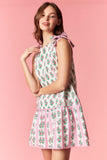 Green & Pink Floral Tie Shoulder Dress