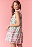 Green & Pink Floral Tie Shoulder Dress