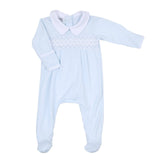 Magnolia Baby Blue Freya & Finn Smocked Collared Footie