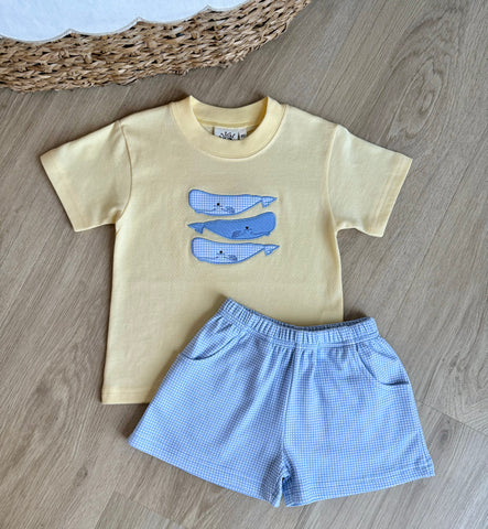 Luigi Kids Light Yellow & Blue Gingham Whale Short Set