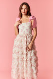Floral Organza Bow Shoulder Maxi Dress