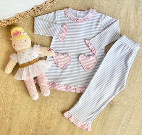 Squiggles by Charlie Blue Stripe Heart Pocket Pant Set