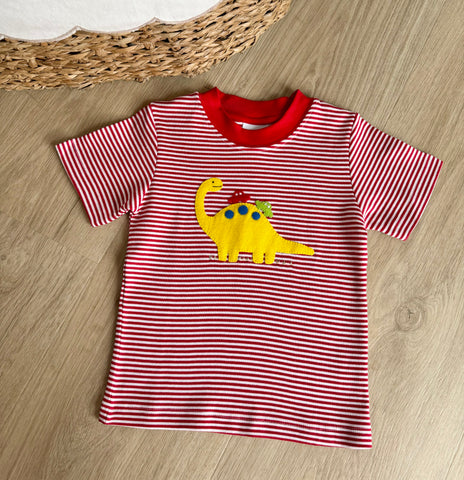 Squiggles by Charle Red Stripe Dino & Cars Short Sleeve Tee