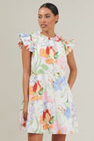 Bright Floral Flutter Sleeve Dress
