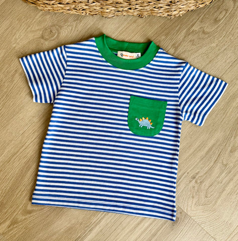 Luigi Kids Dark Chambray Stripe Dino Pocket Tee