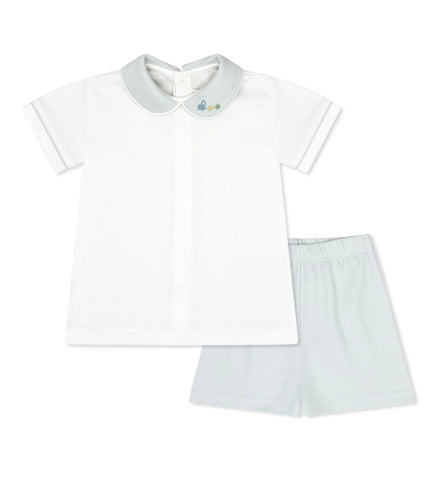 Lullaby Set Blue Knit Bullion Embroidered Train Sibley Set