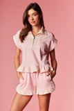 Light Pink Quarter Zip Short Set w/ Stripe Trim