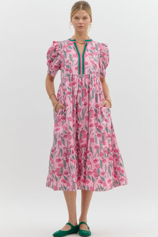 Pink & Green Floral Midi Dress