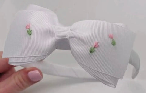 Winn & William White Hand Embroidered Tulip Headband