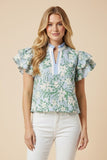 Blue Floral Ruffle Sleeve Top