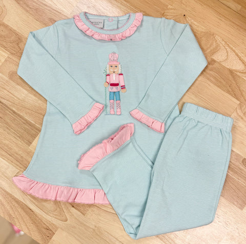 Squiggles by Charlie Aqua Mini Stripe Nutcracker Ruffle Pant Set