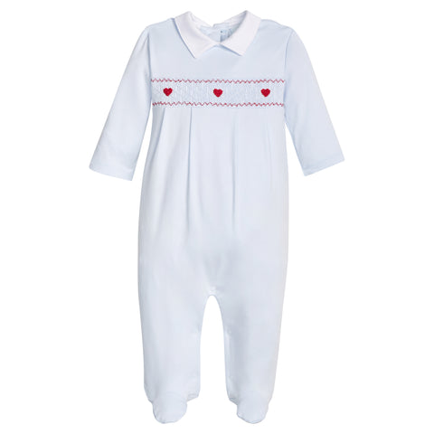 Little English Pale Blue Smocked Heart Footie