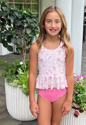 James & Lottie Fuchsia Floral Collette Peplum Two Piece Swimsuit