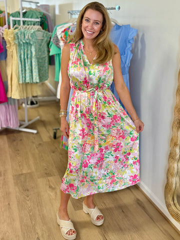 Sleeveless Tie Waist Floral Silk Dress