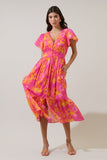 Pink & Orange Floral Blissa Button Midi Dress