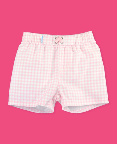 Ruffle Butts Pink Gingham Swim Trunks