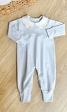 Squiggles by Charlie Pale Blue Dot Collared Long Romper