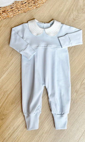 Squiggles by Charlie Pale Blue Dot Collared Long Romper