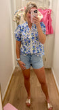 Blue Floral Lace Trim Top
